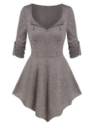 Mock Button Pointed Hem Heathered T-shirt