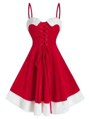 Faux Fur Insert Christmas Lace Up Mini Dress