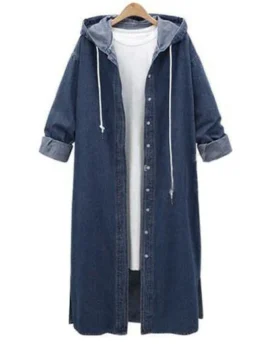 Plus Size Hooded Drawstring Long Denim Jacket