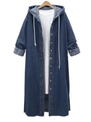 Plus Size Hooded Drawstring Long Denim Jacket