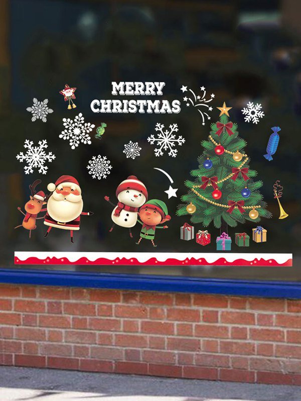 Christmas Tree Santa Print Window Glass Static Stickers Set