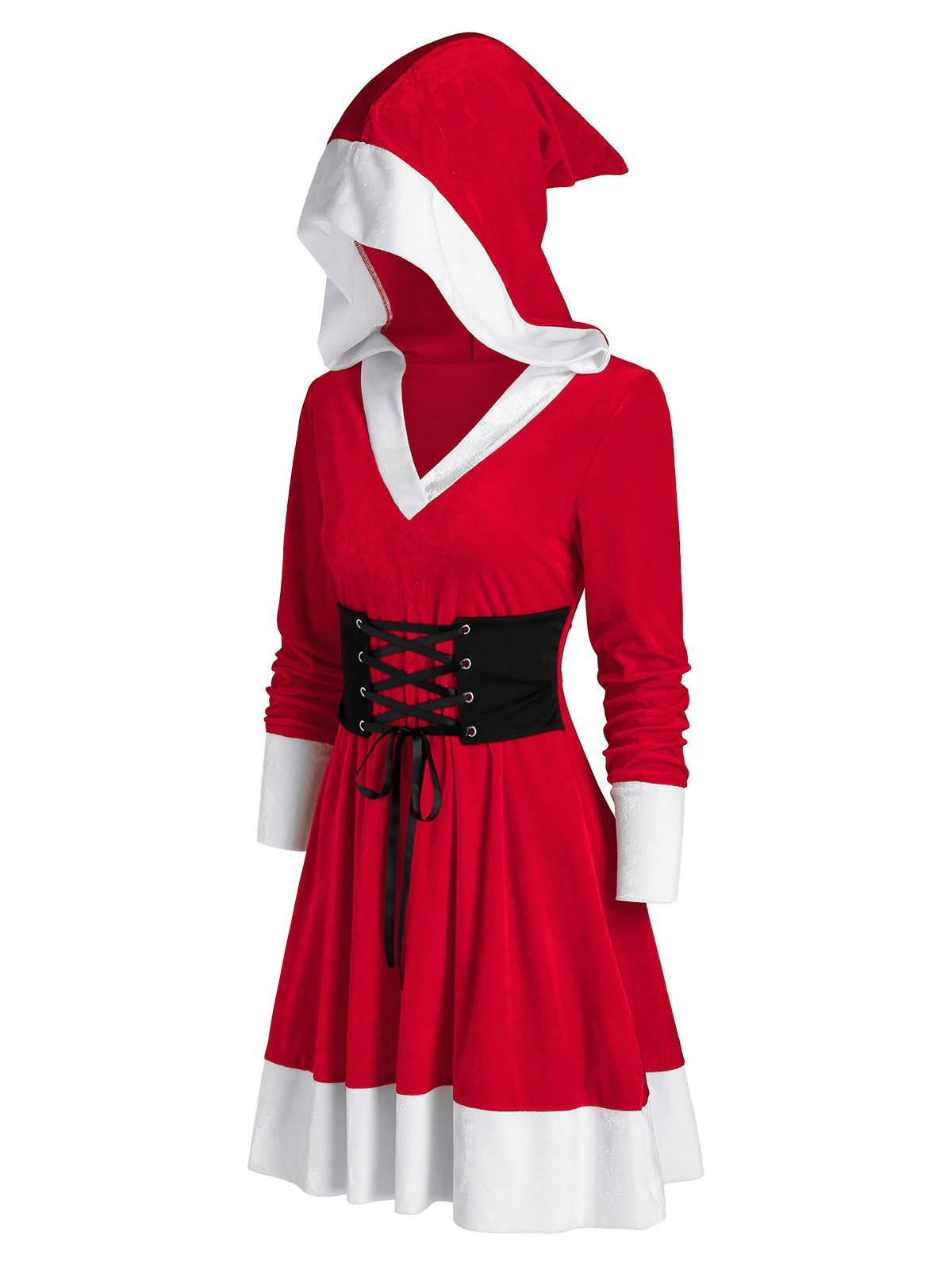 Christmas Hooded Velvet Lace Up Dress