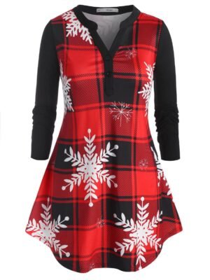 Plus Size Plaid Snowflake Christmas Long Sleeve Tee