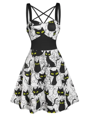 Halloween Strappy Crisscross Cat Print Dress