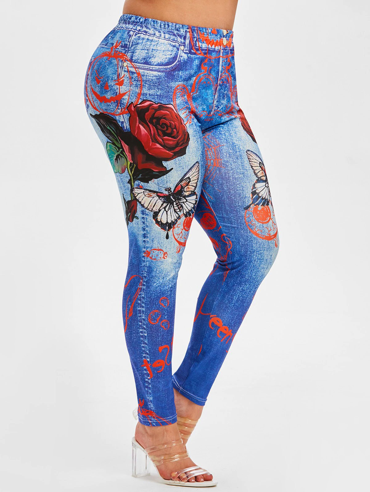Plus Size Rose Butterfly 3D Halloween Print High Rise Jeggings