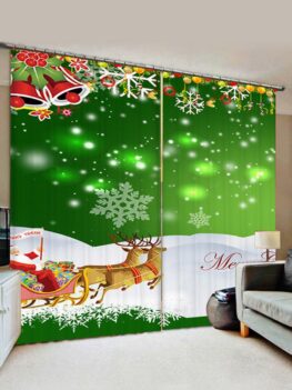 2 Panels Christmas Sleigh Bell Print Window Curtains