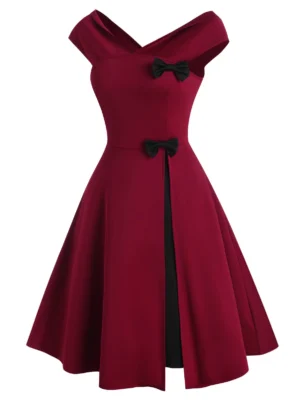 Bowknot V Neck Slit Colorblock Party Dress