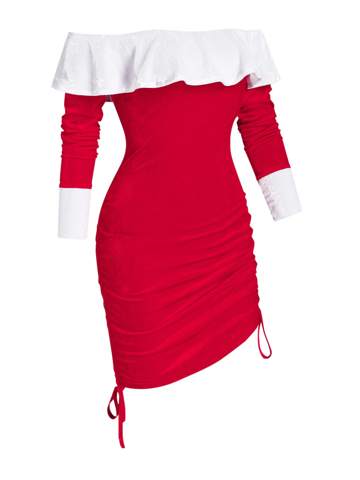 Off The Shoulder Ruffle Velour Cinched Dress