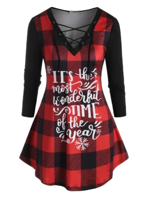 Plus Size Christmas Plaid Graphic Long Sleeve Tee