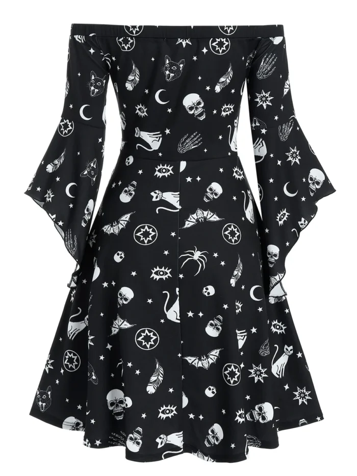 Animal Skull Print Off Shoulder Corset Mini Dress - Black, 2XL Animal Skull Print Off Shoulder Corset Mini Dress - Black, 2XL