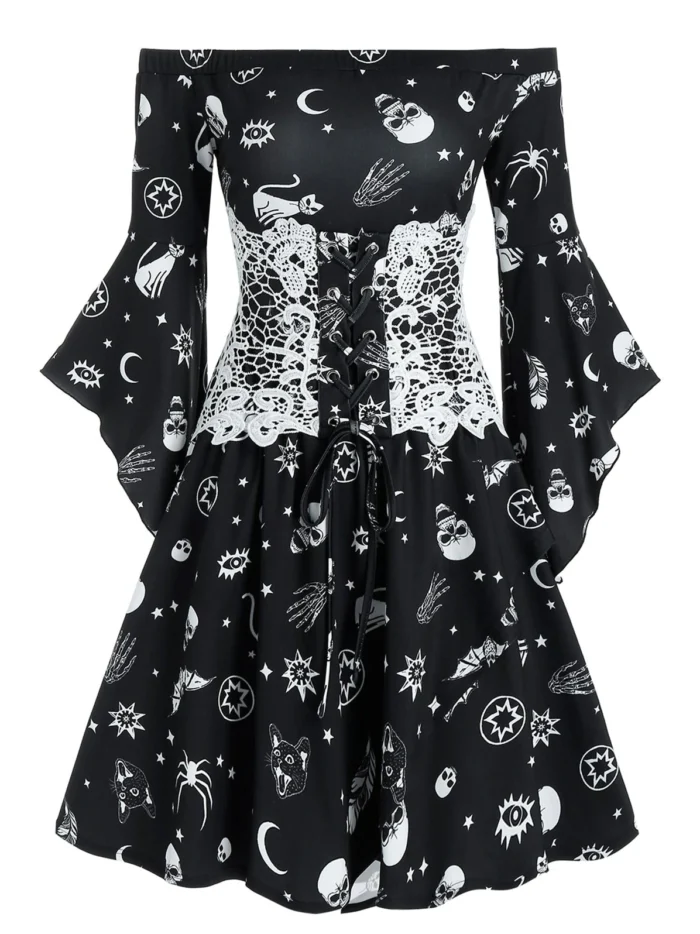 Animal Skull Print Off Shoulder Corset Mini Dress - Black, 2XL Animal Skull Print Off Shoulder Corset Mini Dress - Black, 2XL