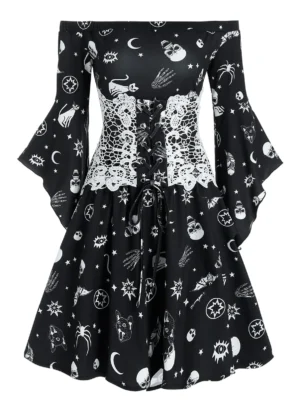 Animal Skull Print Off Shoulder Corset Mini Dress