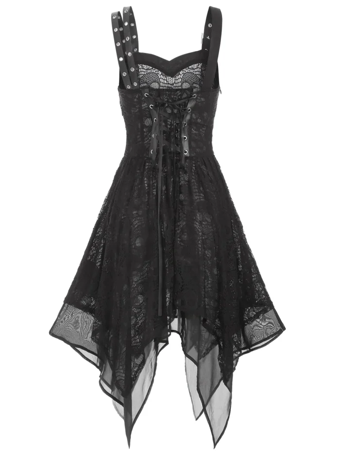 Asymmetrical Lace Buckle Grommet Strap Handkerchief Lace Up Dres
