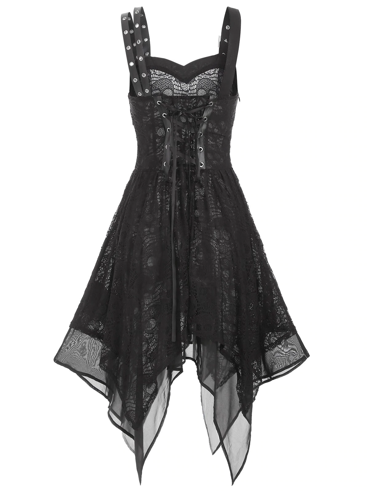 Asymmetrical Lace Buckle Grommet Strap Handkerchief Lace Up Dres