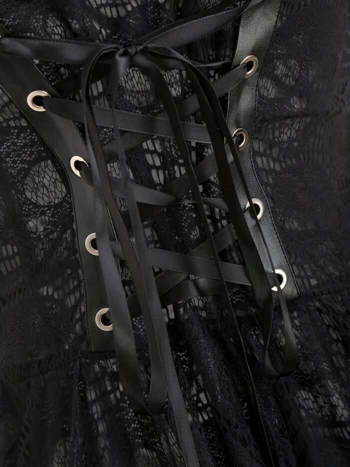 Asymmetrical Lace Buckle Grommet Strap Handkerchief Lace Up Dres - Black, 2XL