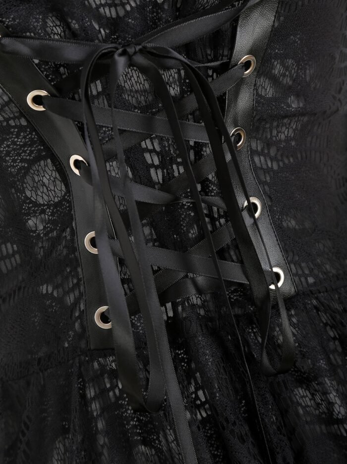 Asymmetrical Lace Buckle Grommet Strap Handkerchief Lace Up Dres - Black, 2XL