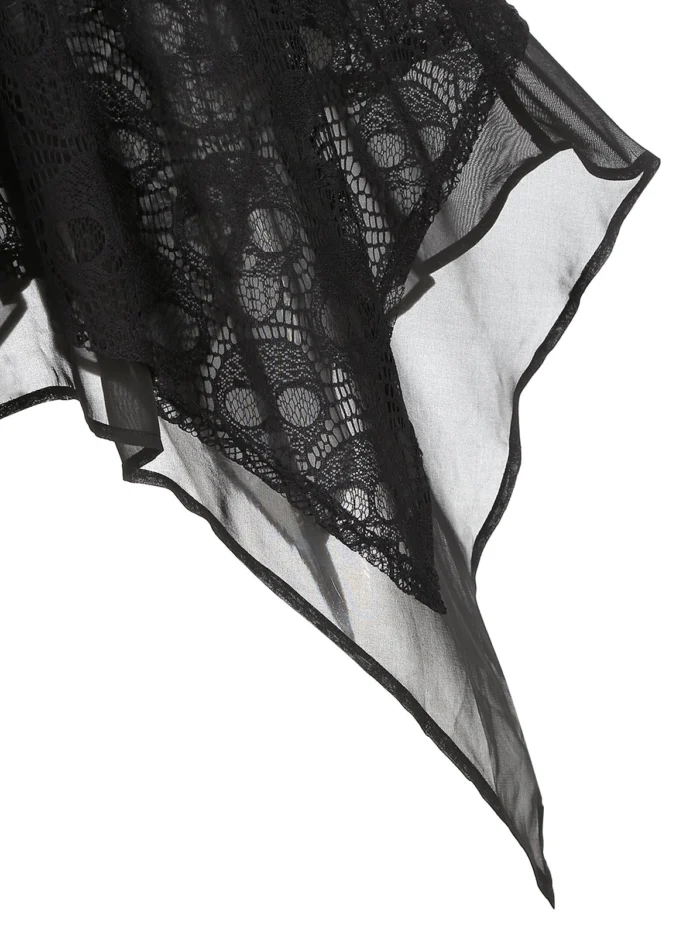 Asymmetrical Lace Buckle Grommet Strap Handkerchief Lace Up Dres - Black, 2XL