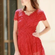 Backless Short Sleeve Lace Dress For Women - Red, 2XL