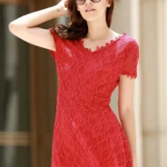 Backless Short Sleeve Lace Dress For Women - Red, 2XL