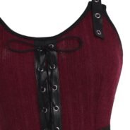 Buckled Lace-up Knit Panel Faux Leather Dress - Deep Red, 2XL