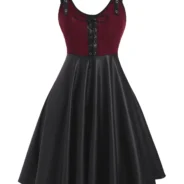 Buckled Lace-up Knit Panel Faux Leather Dress - Deep Red, 2XL