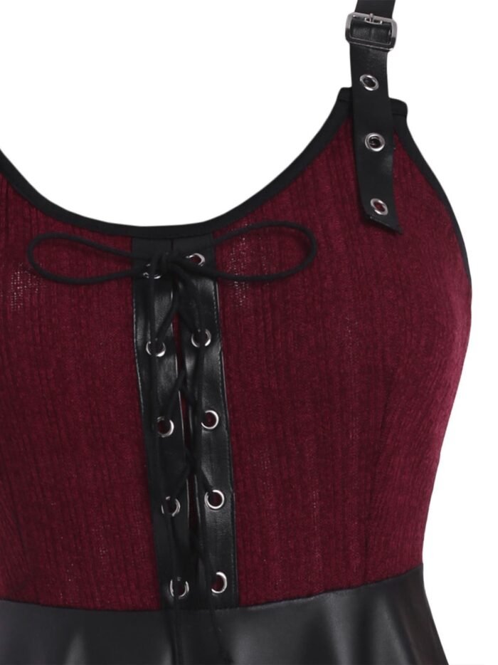 Buckled Lace-up Knit Panel Faux Leather Dress - Deep Red, 2XL