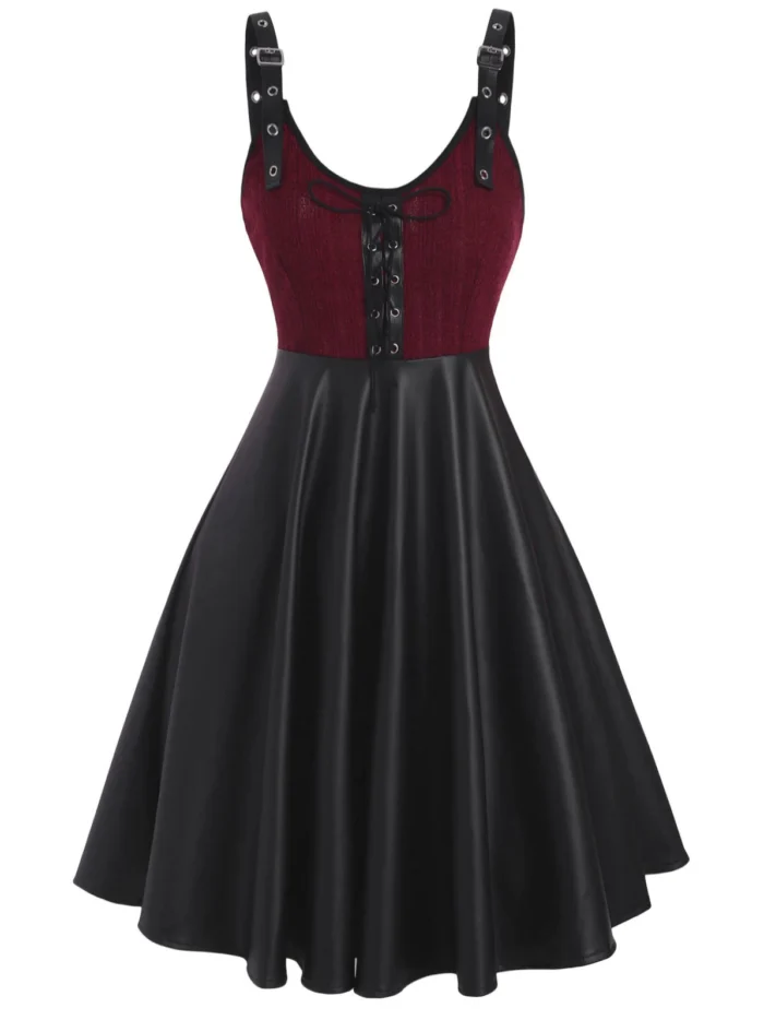 Buckled Lace-up Knit Panel Faux Leather Dress - Deep Red, 2XL