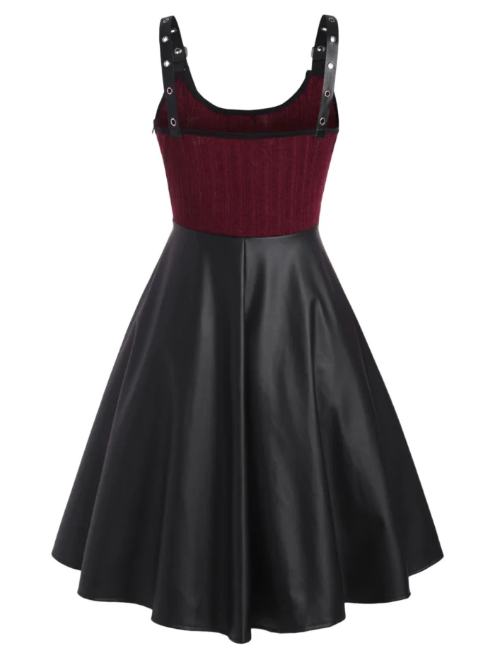 Buckled Lace-up Knit Panel Faux Leather Dress - Deep Red, 2XL