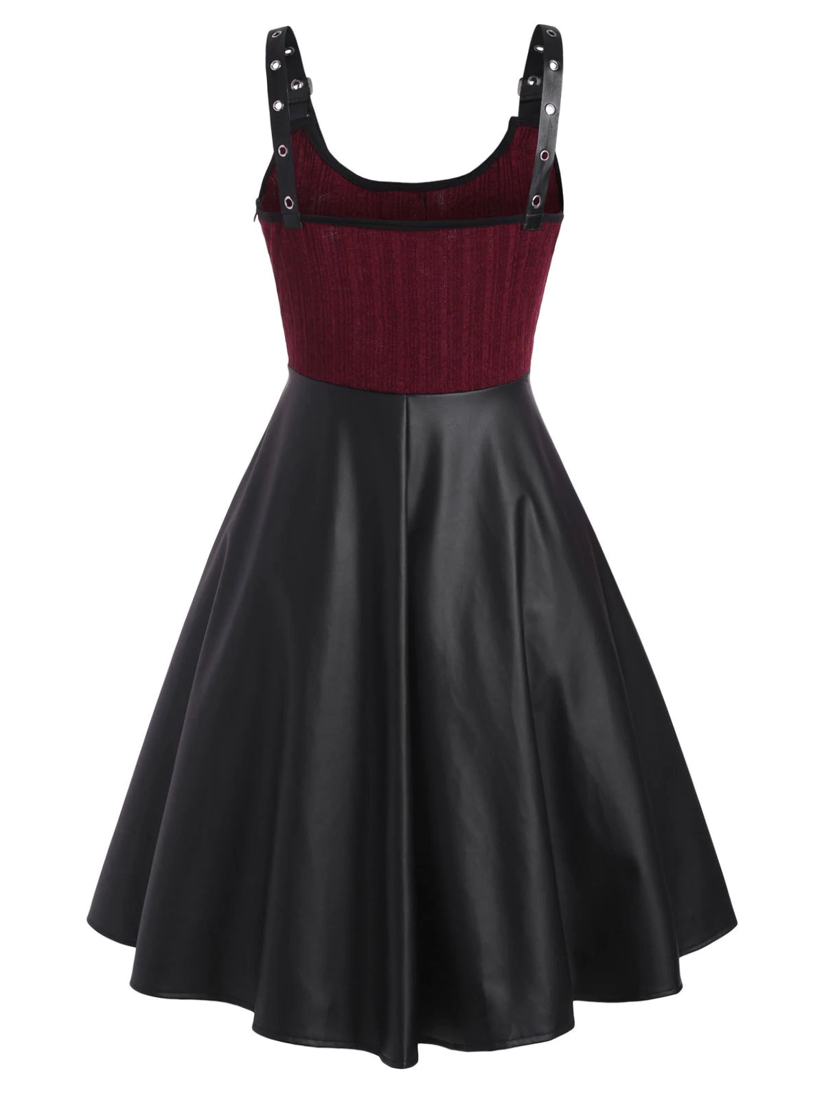 Buckled Lace-up Knit Panel Faux Leather Dress