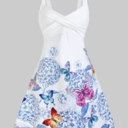 Butterfly and Flower Print Sleeveless Crossover Dress - White, 3XL