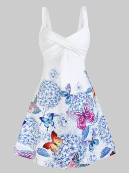 Butterfly and Flower Print Sleeveless Crossover Dress