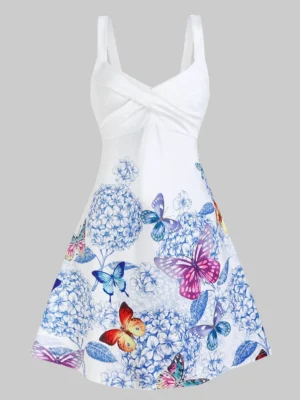 Butterfly and Flower Print Sleeveless Crossover Dress