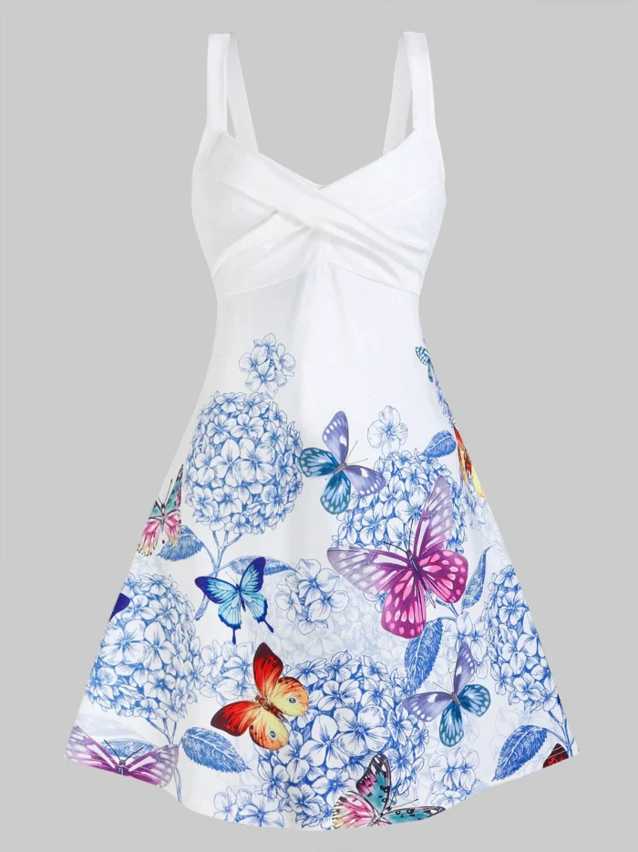 Butterfly and Flower Print Sleeveless Crossover Dress - White, 3XL
