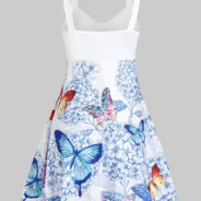 Butterfly and Flower Print Sleeveless Crossover Dress - White, 3XL