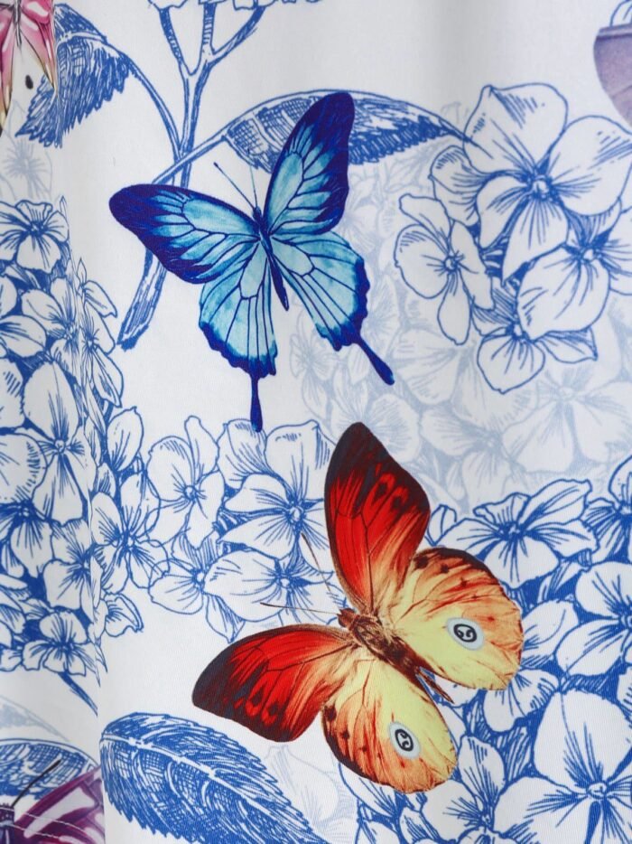 Butterfly and Flower Print Sleeveless Crossover Dress - White, 3XL