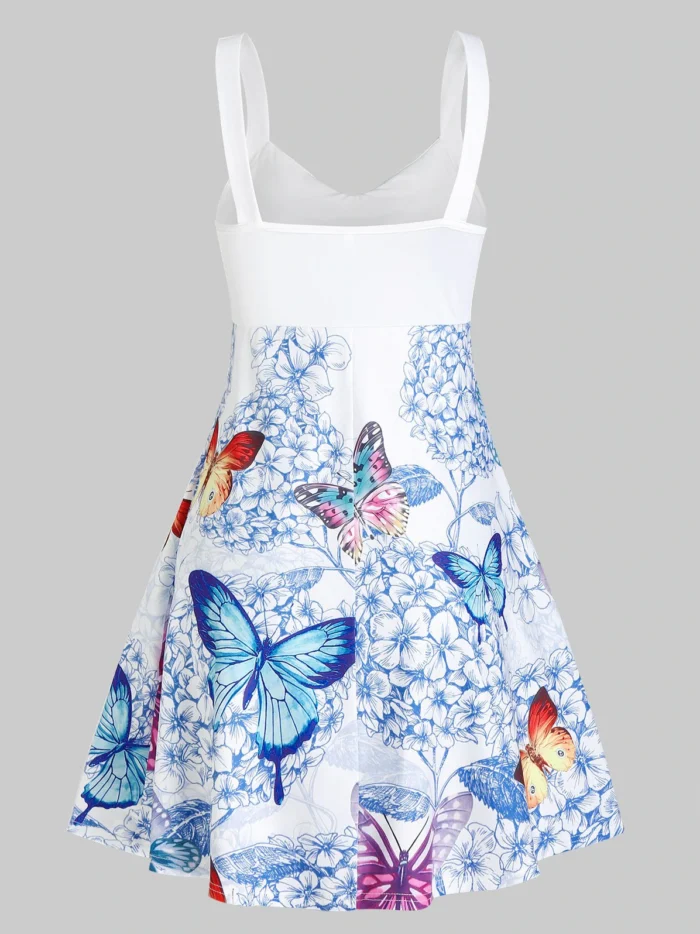 Butterfly and Flower Print Sleeveless Crossover Dress - White, 3XL