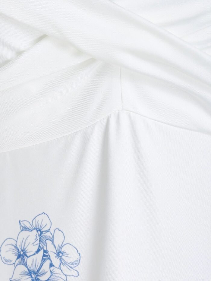 Butterfly and Flower Print Sleeveless Crossover Dress - White, 3XL