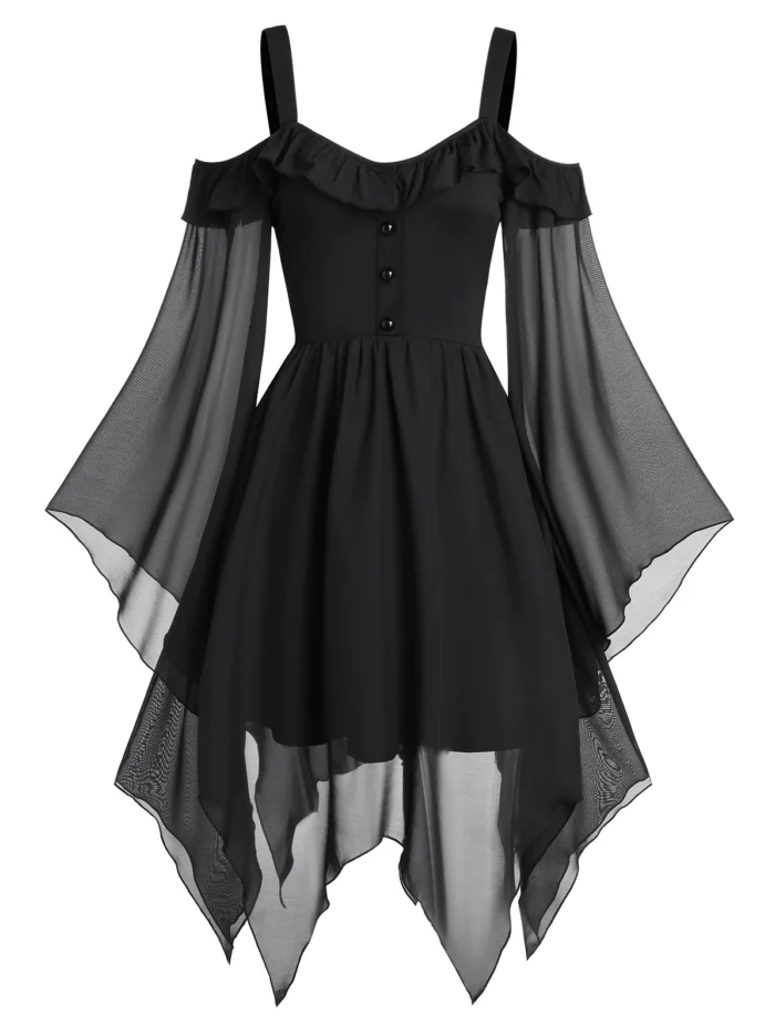 Butterfly Sleeve Cold Shoulder Lace-up Handkerchief Gothic Chiff - Black, 2XL