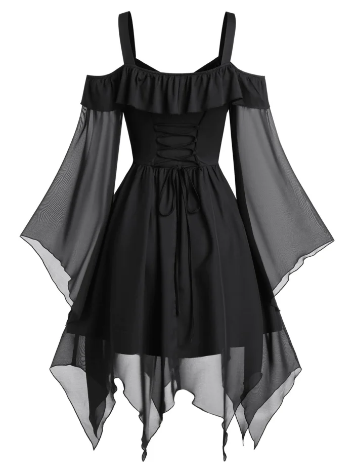 Butterfly Sleeve Cold Shoulder Lace-up Handkerchief Gothic Chiff - Black, 3XL